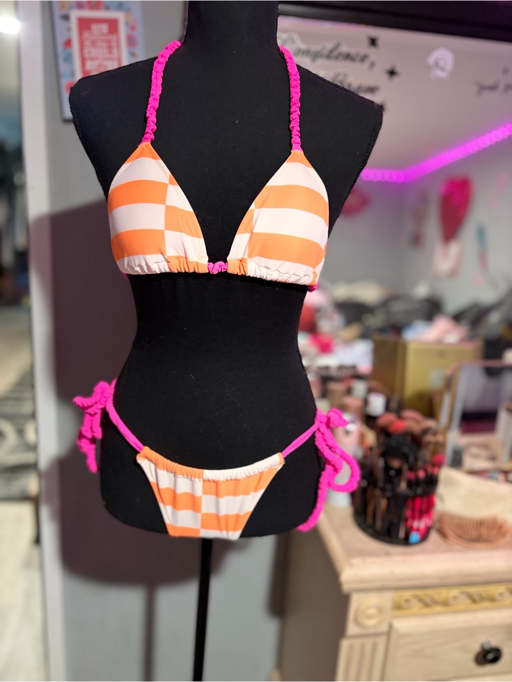 NWT aerie 2PC Orange and White Striped Bikini with Hot Pink Ties-XS & free gifts